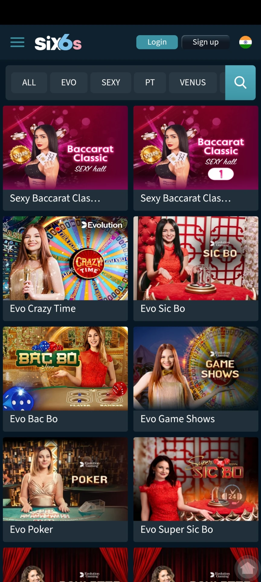 Visit the casino page of the Six6s app.